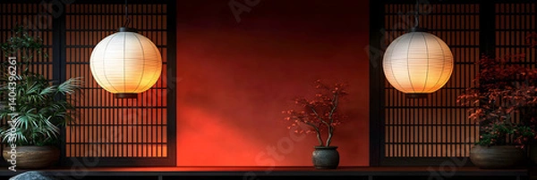 Obraz Elegant Japanese Lanterns with Decorative Plants on Red Wall