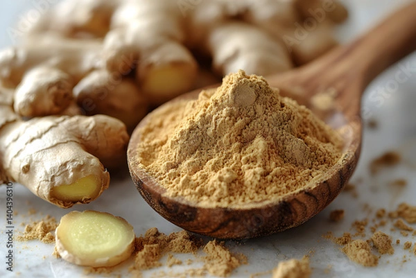 Obraz Fresh Ginger Root and Powder in Wooden Spoon