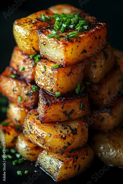 Obraz Stacked Roasted Potatoes with Chives and Black Pepper