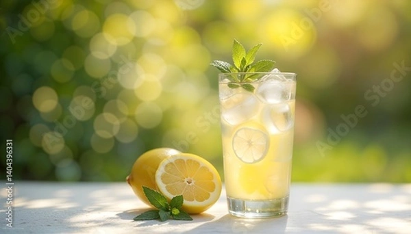 Obraz Lemonade with Mint and Ice on a White Table Garden Background Summer Drinks Concept