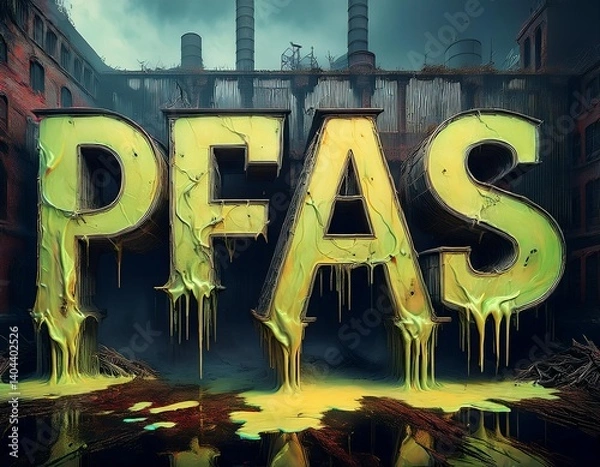 Fototapeta Environmental hazard of PFAS contamination displayed in a neglected industrial area with eerie atmosphere and toxic waste. Generative AI