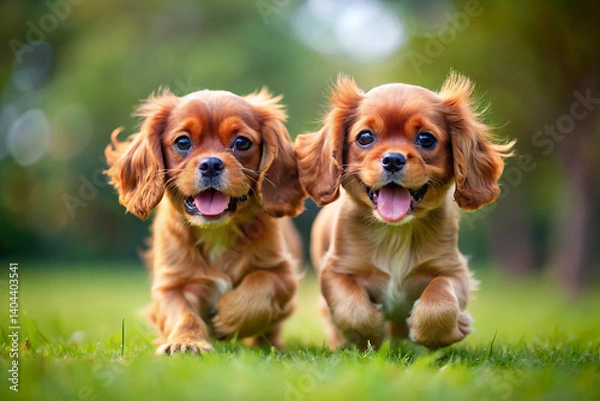 Fototapeta Happy Puppy Duo: Capture the heart with this portrait of two adorable puppies running joyfully on vibrant green grass. A perfect illustration of happiness, playful and unconditional love.