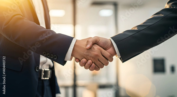 Fototapeta Two Men in Dark Suits Close Up Handshake with Bright Background Inside Modern Office
