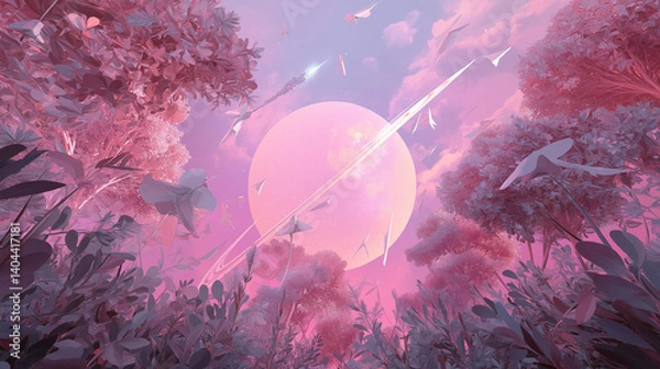 Fototapeta Trans-Neptunian Fairycore Futurism with Dreamy Spaceship in Cosmic Aesthetic for Album Cover