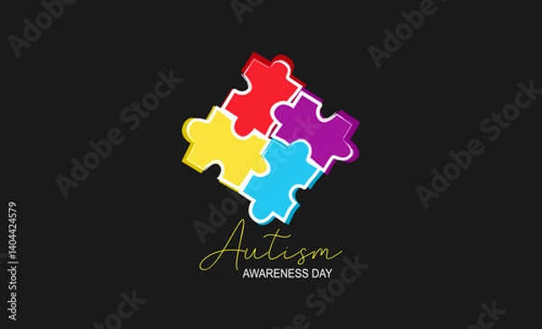 Fototapeta Autism Awareness Month. Colorful square puzzle. Vector illustration on black background. Concept of caring, celebration, affection, health care.
