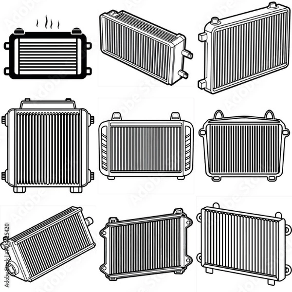 Obraz Automotive Intercoolers and Radiators with Different Shapes and Designs for Engine Cooling vector silhouette line art Generative AI