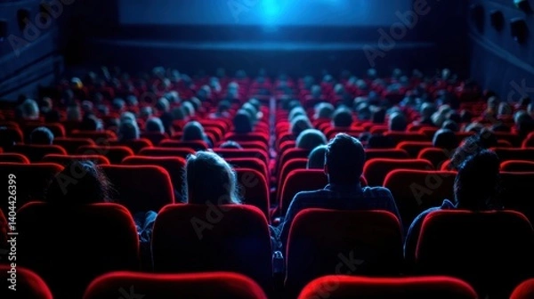 Fototapeta People in the cinema auditorium with Cinema blank wide screen and red chairs in the cinema hall,People silhouettes watching movie performance,empty white screen,space for text,copy space.