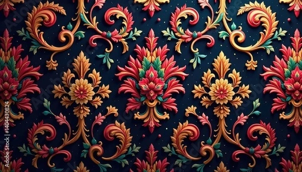 Fototapeta Intricate floral damask pattern in rich jewel tones for elegant interior design , ornate, pattern, vintage