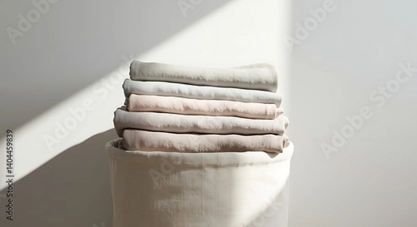 Fototapeta Stack of Folded Fabrics in Neutral Colors with Shadows for Cozy Home Decor