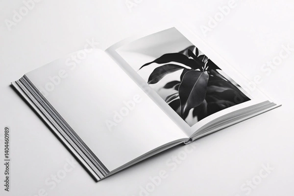 Obraz Open Book with Plant Black and White Minimalist Mockup