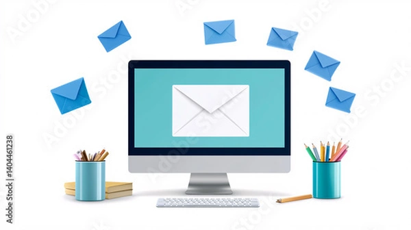 Obraz Email Marketing Computer Workspace with Envelopes and Pencils