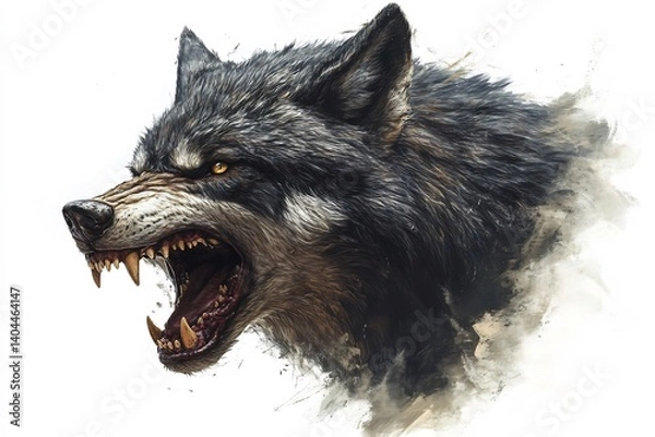 Fototapeta Snarling dire wolf head turned side isolated on white background intense realism
