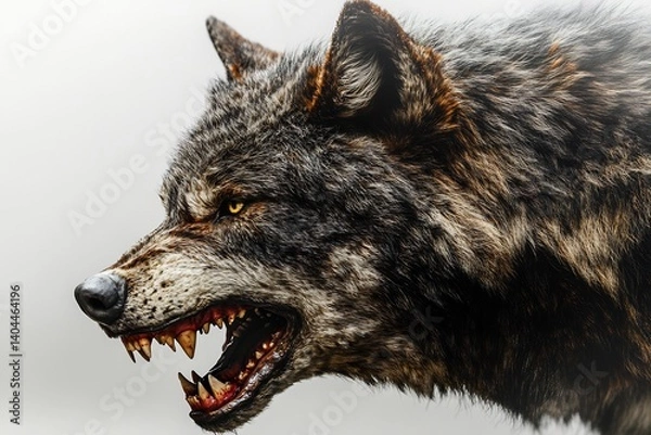 Fototapeta Snarling dire wolf head turned side isolated on white background intense realism