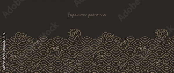 Fototapeta Japanese sea wave background vector. Seamless wallpaper design with gold and black ocean wave pattern backdrop