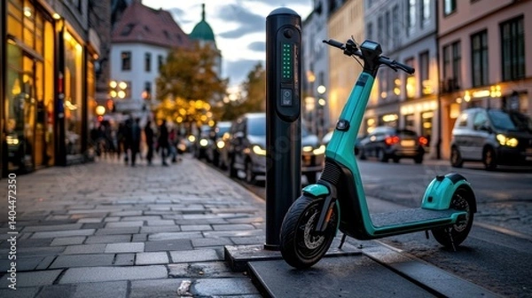 Fototapeta Electric scooter being charged at public docking station on sidewalk