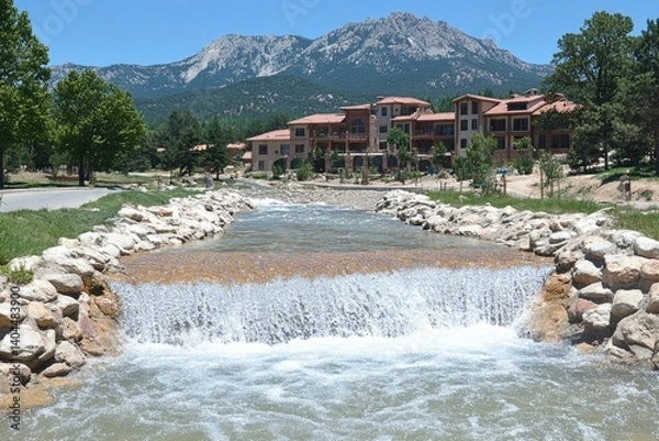 Obraz Mountain retreat featuring a cascading stream and scenic mountain views with architectural style