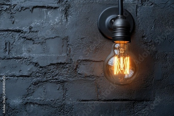 Obraz Glowing filament bulb mounted on dark, textured brick wall provides warm ambient light