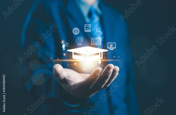 Obraz E-learning education concept, internet lessons and online webinar. who attends online lessons on a digital Education learning online with webinar, learn,training, education, course, tutorial,	
