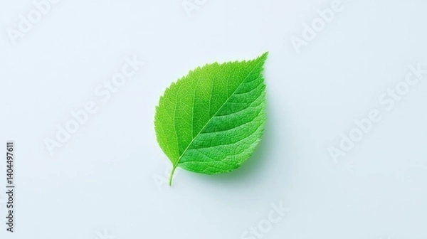 Fototapeta single green leaf rests gently on stark white capturing essence of minimalistic design in its purest form