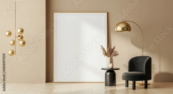 Fototapeta Stylish white canvas poster. This poster is mounted on a minimalist beige wall of a modern gallery, offering a sleek and modern aesthetic.