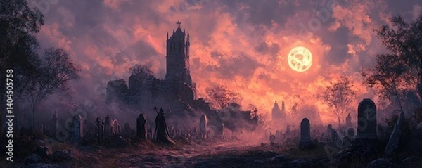 Obraz A necromancer performing an ancient ritual to summon spirits in a dimly lit graveyard at dusk, surrounded by eerie shadows.
