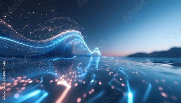 Fototapeta A stunning, high-contrast cinematic photograph of a digital mirage, with sparkling lightning swirl patterns and bright blue hues, against a dark gradient sky backdrop, evoking a sense of futuristic su