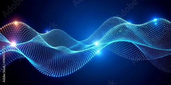 Fototapeta Abstract Wave Patterns with Dots and Lights in Blue and Black Background for Design