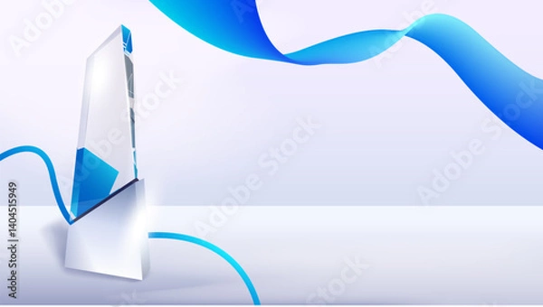 Obraz Modern glass trophy with dynamic blue ribbon on a white background, perfect for business success, award presentation, or futuristic branding visuals