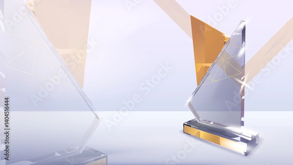 Obraz Elegant crystal glass trophy with golden highlights on a white background, ideal for award ceremony or business recognition visuals