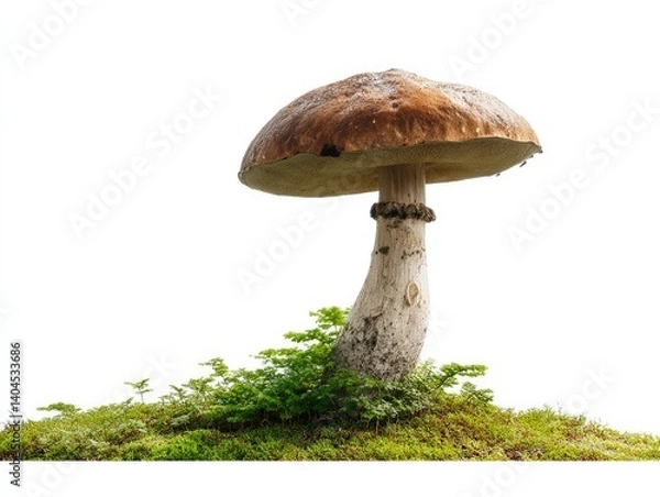 Fototapeta A large, robust boletus mushroom with a brown cap and white stem stands proudly amidst a bed of lush green moss.