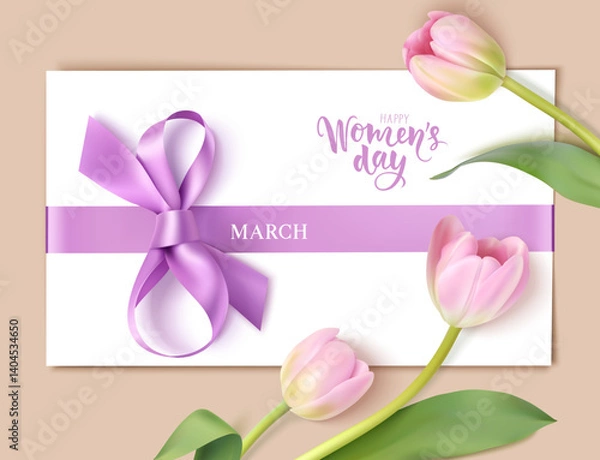 Obraz Happy Women's Day. 8 March design template. Calligraphic lettering text with decorative gift envelope with a figure eight lilac bow, ribbon and tulip flower on brown. Vector stock illustration.