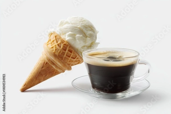 Obraz The fusion of creamy vanilla ice cream in a crispy waffle cone and a dark espresso, creating a refreshing contrast in taste and temperature