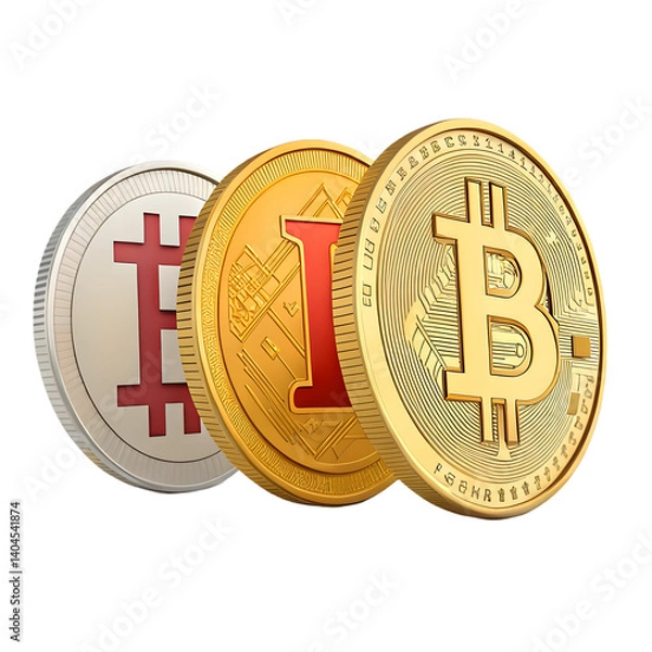 Fototapeta Bitcoin, Litecoin, & IOTA Coins: Crypto Image on transparent background