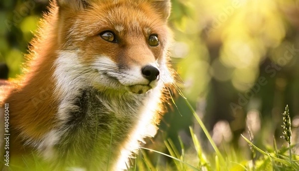 Fototapeta Alert red fox gazing attentively in natural green environment setting