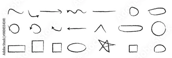 Fototapeta Group of chalked arrows and frames. Hand drawn black charcoal symbols for hand drawn diagrams. Vector doodle marker drawing. Freehand different curved arrows, swirls, circles.