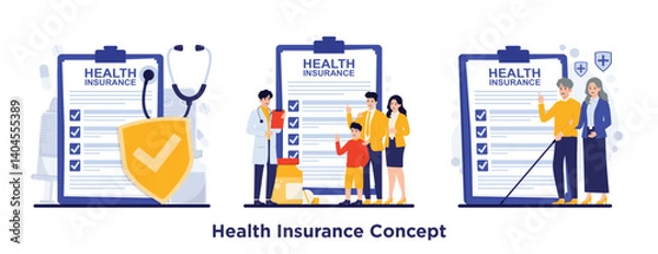 Fototapeta Vector set of health insurance concept with life family insurance checklist, doctors, patients, and protection symbols in flat design