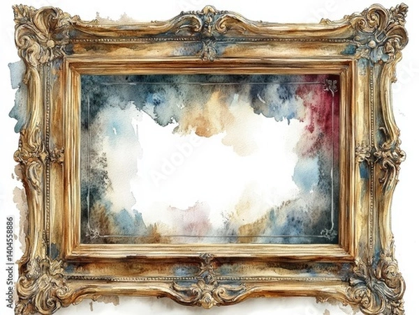 Fototapeta Ornate Gilded Frame with Watercolor Interior: A Detailed Image of a Decorative Picture Frame Showcasing Intricate Details and Subtle Color Variations