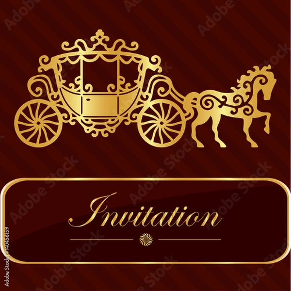Fototapeta Invitation card with golden lettering. Vintage horse carriage design. Good idea for template, wedding card, retro style. Vector illustration