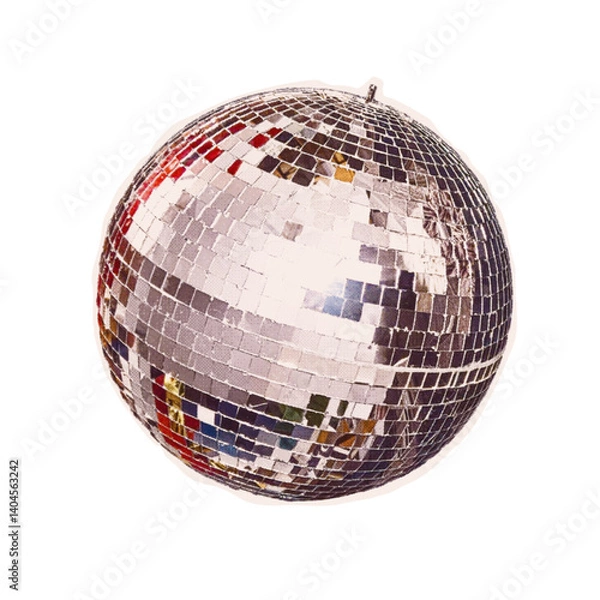 Fototapeta Trendy halftone collage of a mirror disco ball cut out an old newspaper. Isolated vector illustration colorful retro sticker with Bitmap and Dots texture. Vintage aesthetic, 80s - 90s vibe, nostalgic