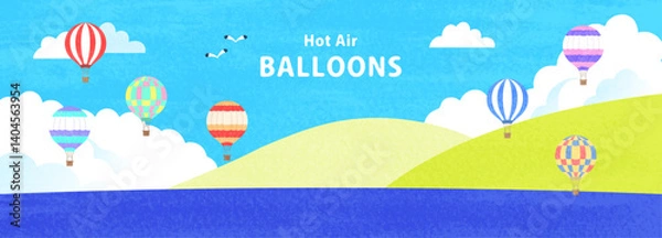 Fototapeta 気球が飛ぶ空と海の風景イラスト