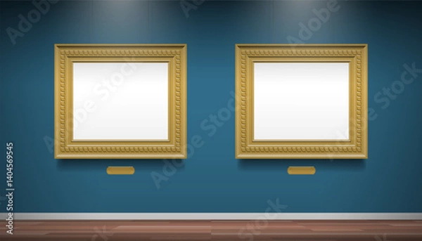 Fototapeta two golden blank picture frames in art gallery museum interior mock up vector illustration