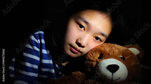 Obraz Sad child hugging teddy bear in dimly lit room  