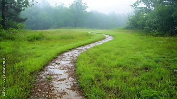 Obraz A new dirt path winding through a meadow with morning dew on the grass