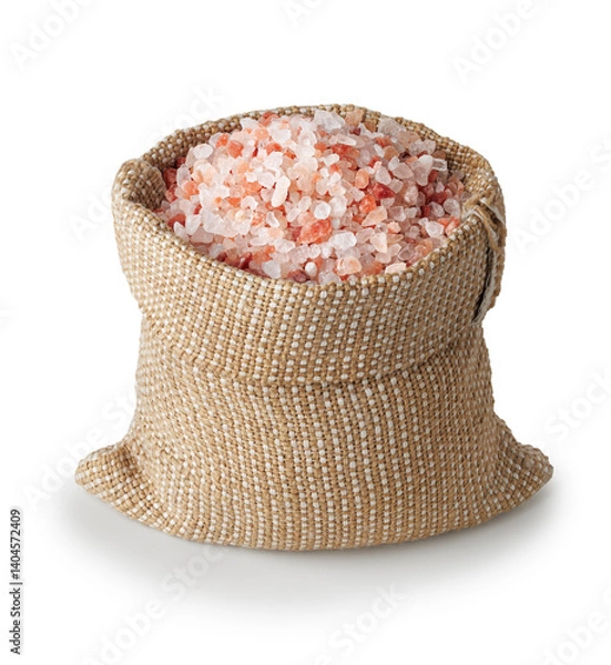 Fototapeta Himalayan salt in burlap sack isolated on white background
