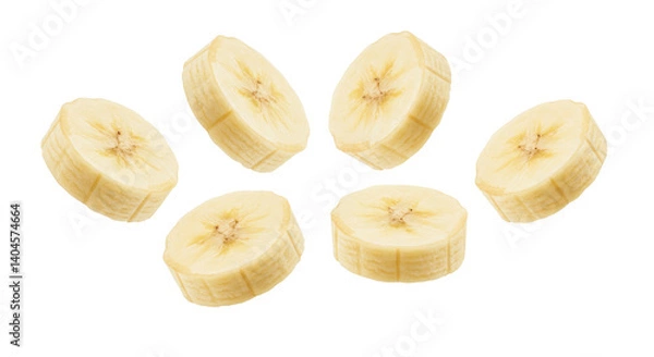 Fototapeta Flying banana slices cut out, isolated on transparent background PNG.