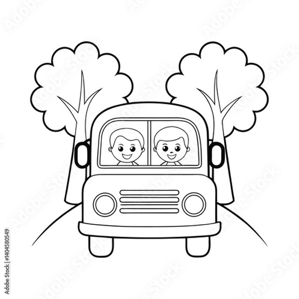 Fototapeta cute bus with smiling kids  tree and grassy park  .eps