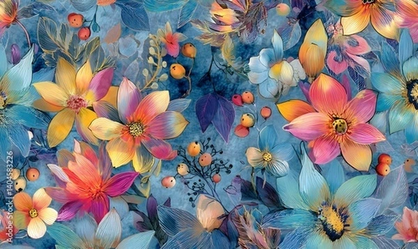Obraz Vibrant Floral Watercolor Seamless Pattern Design Artistic Botanical Illustration Colorful Flowers Blue Background Nature Print Textile Fabric Design 