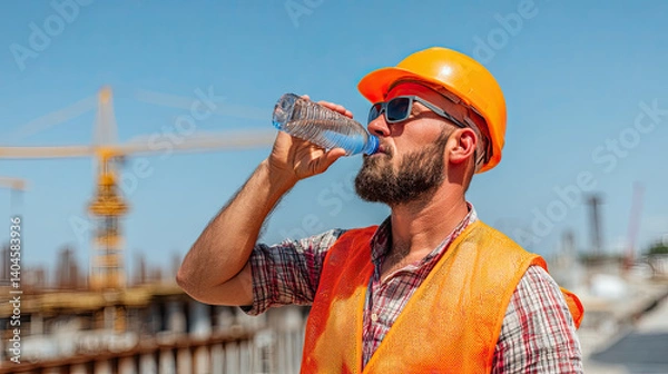 Fototapeta Construction worker drinking water on construction site during hot summer day