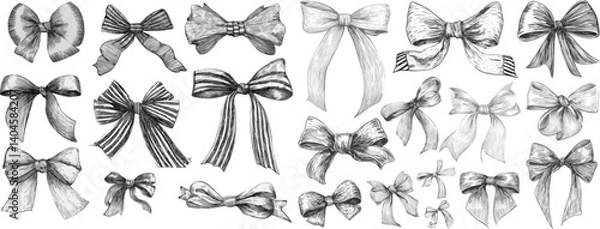 Fototapeta Hand-drawn bows in various shapes and sizes, arranged on a white background. High-resolution vector illustration