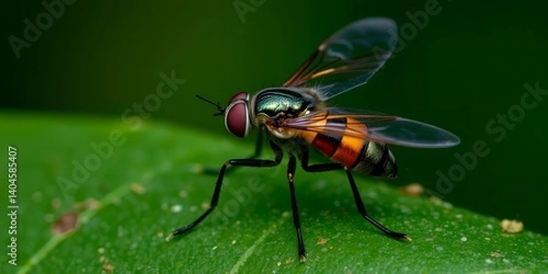 Fototapeta Striking Close up of a Vibrant Green and Orange Fly on a Leaf in Nature